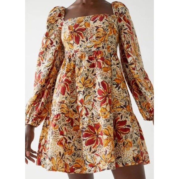 & Other Stories Floral Mini Dress Autumnal Floral Print Square neck Womens US 10 - Picture 4 of 12